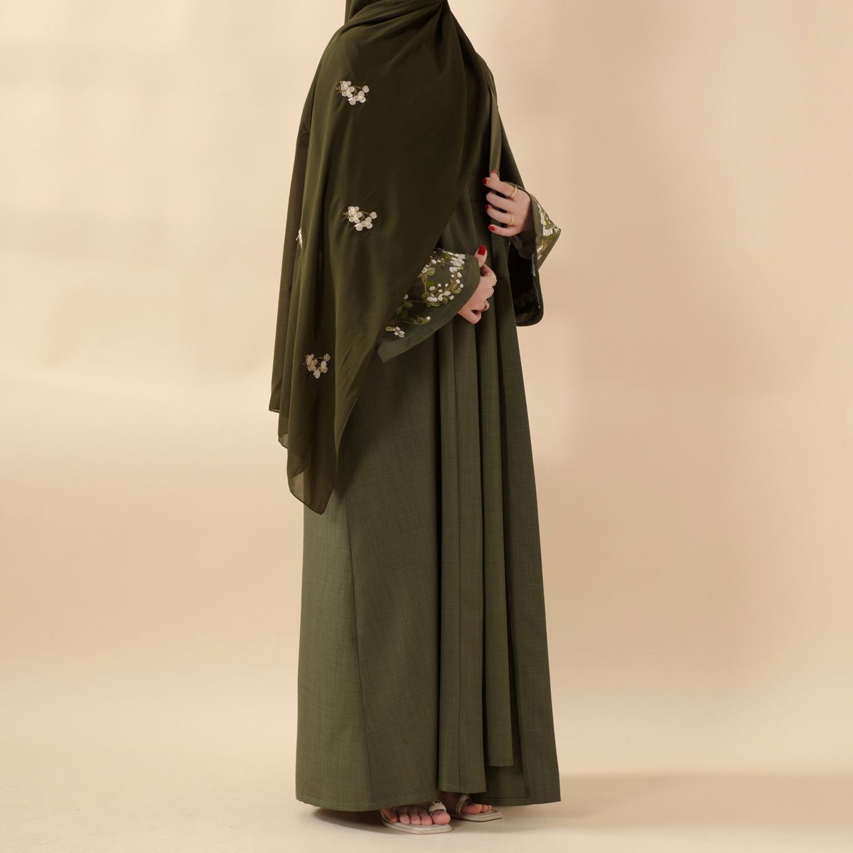 Olive Branch Embroidered Linen Abaya Set With Matching Belt & Hijab (MOA037), view 6