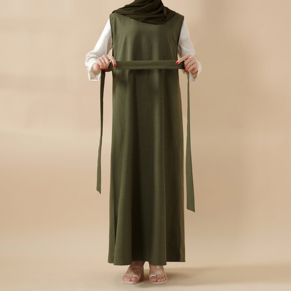 Olive Branch Embroidered Linen Abaya Set With Matching Belt & Hijab (MOA037), view 7