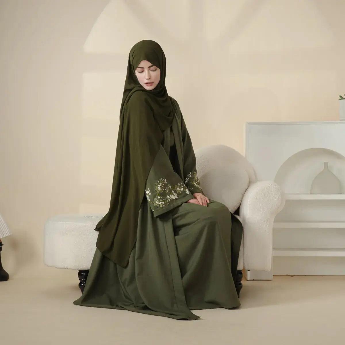 Olive Branch Embroidered Linen Abaya Set With Matching Belt & Hijab (MOA037), view 8