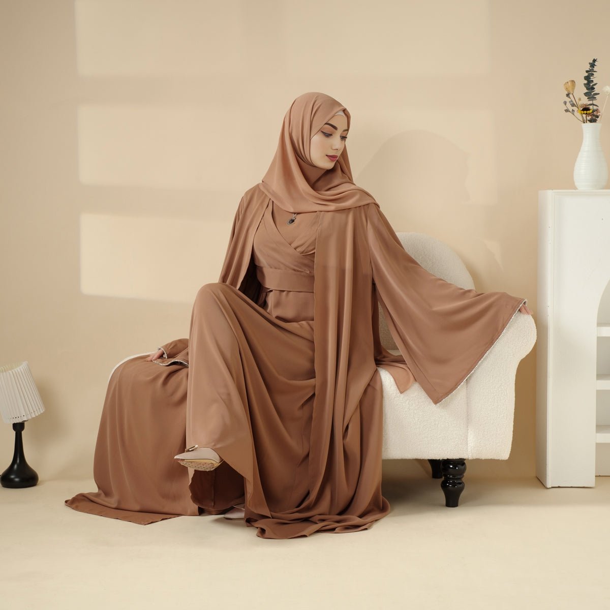 Open Kimono Abaya Set, Kimono Style Abaya 3-Piece Set (MOA094), view 3