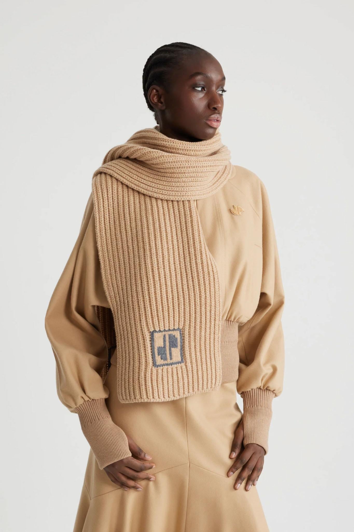Patou Wool and Cashmere Rib Knit Scarf — Beige, view 2