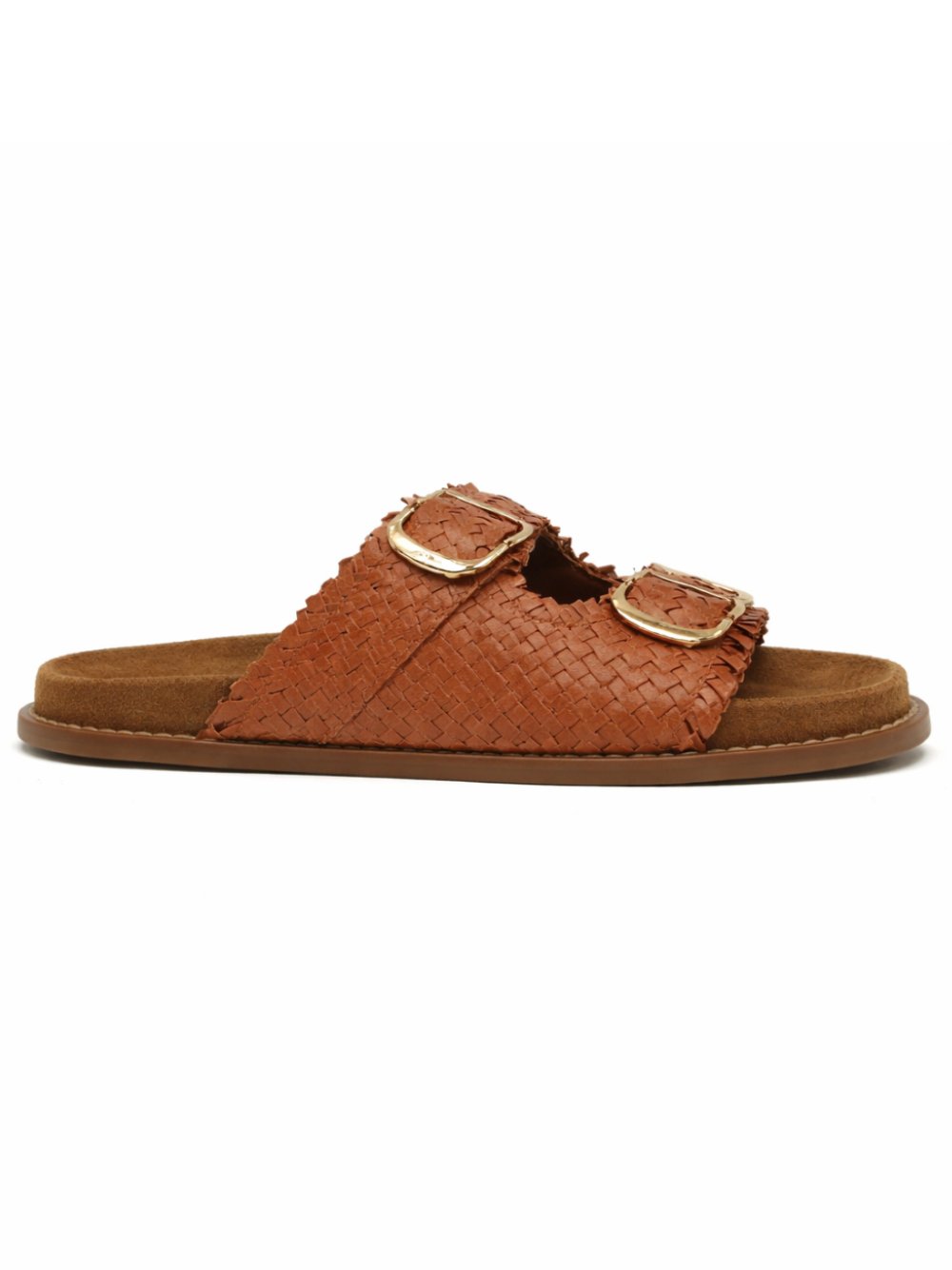 Pennyblack Woven Leather with Gold-Tone Buckles Slide Sandal — Brown by Pennyblack