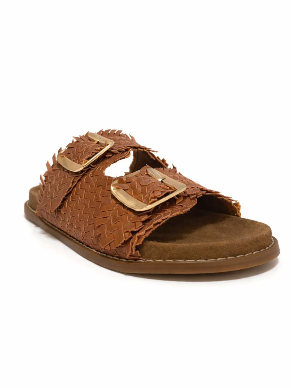 Pennyblack Woven Leather with Gold-Tone Buckles Slide Sandal — Brown, view 3