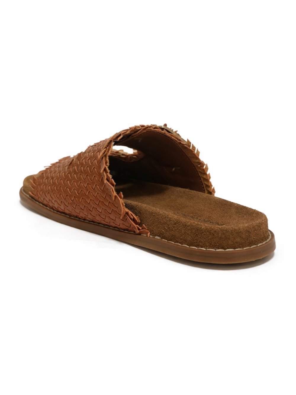 Pennyblack Woven Leather with Gold-Tone Buckles Slide Sandal — Brown, view 4