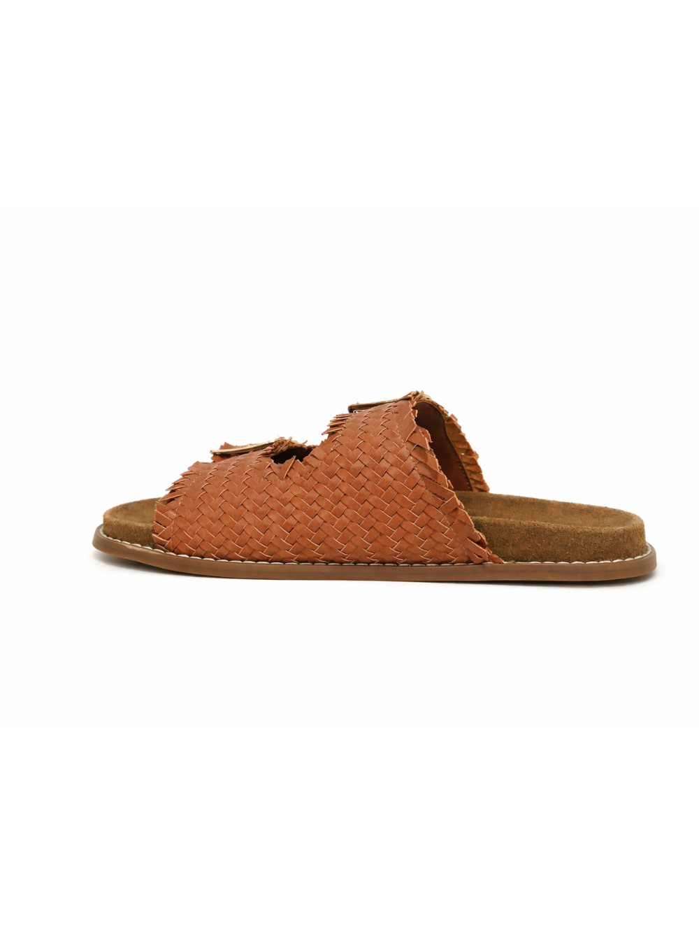Pennyblack Woven Leather with Gold-Tone Buckles Slide Sandal — Brown, view 5