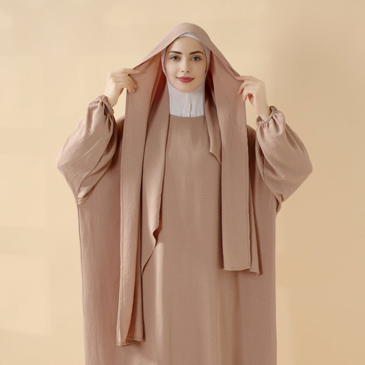 Cocoon-Cut Crepe Abaya Perfect For Umrah With One-Piece Hijab Attached (MA143), view 2