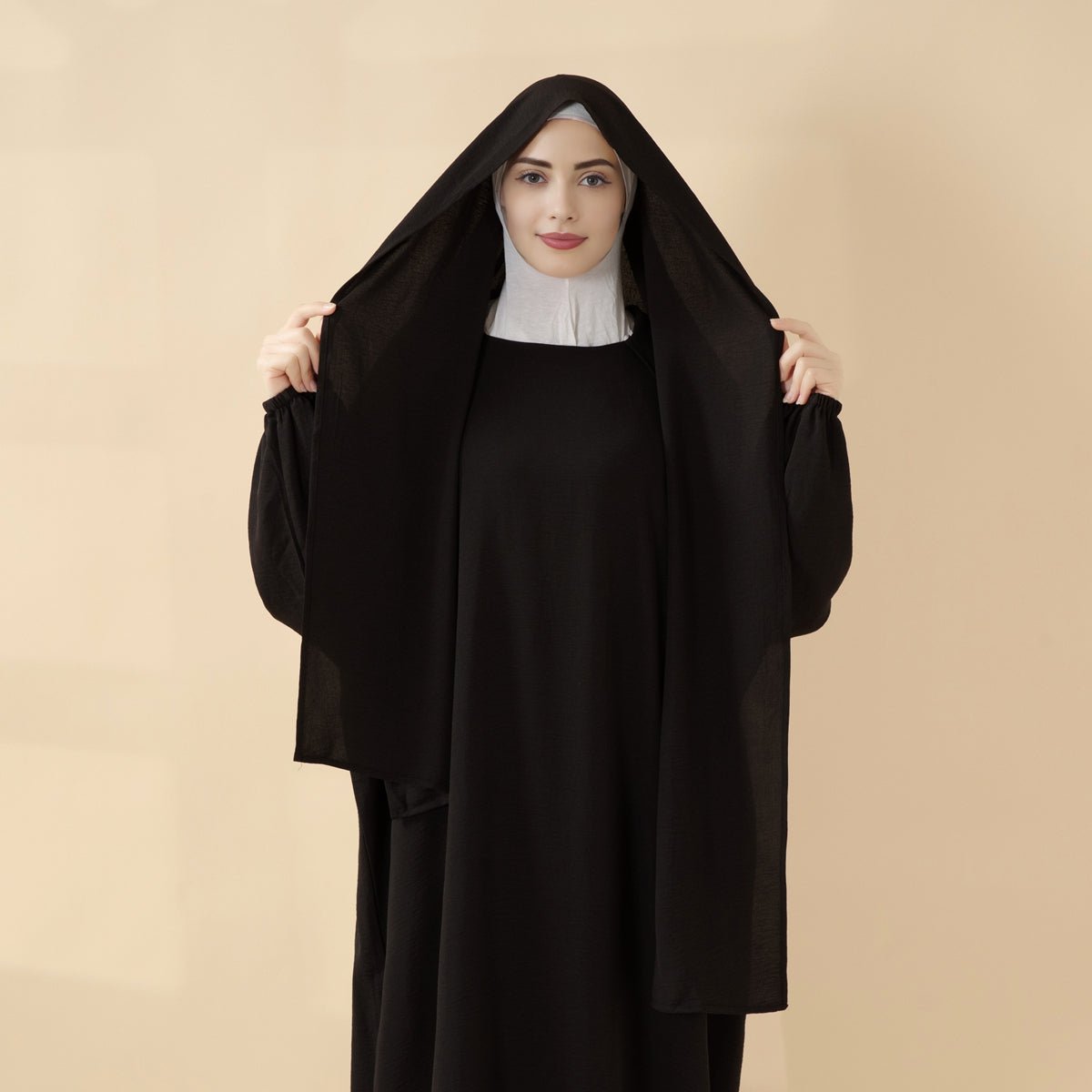 Cocoon-Cut Crepe Abaya Perfect For Umrah With One-Piece Hijab Attached (MA143), view 3