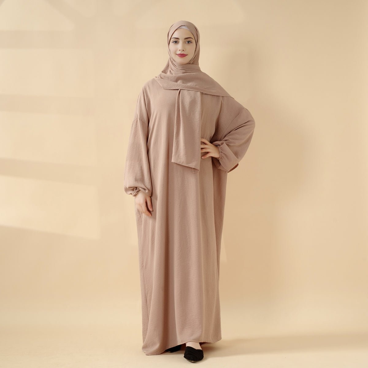Cocoon-Cut Crepe Abaya Perfect For Umrah With One-Piece Hijab Attached (MA143), view 6