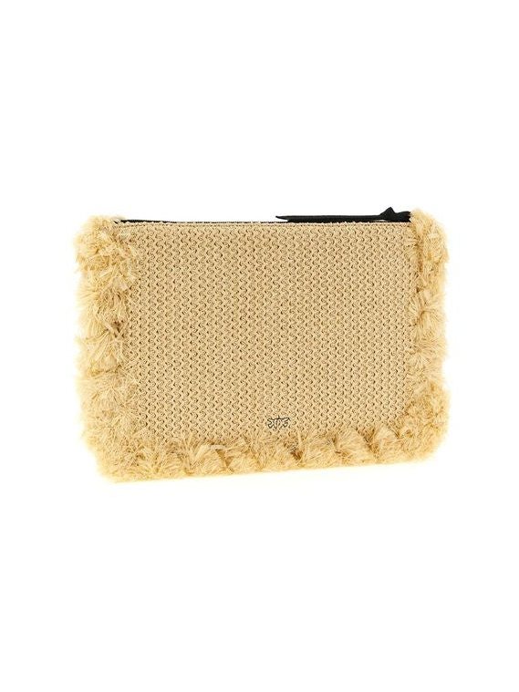 Pinko Braided Raffia Clutch — Beige, view 2