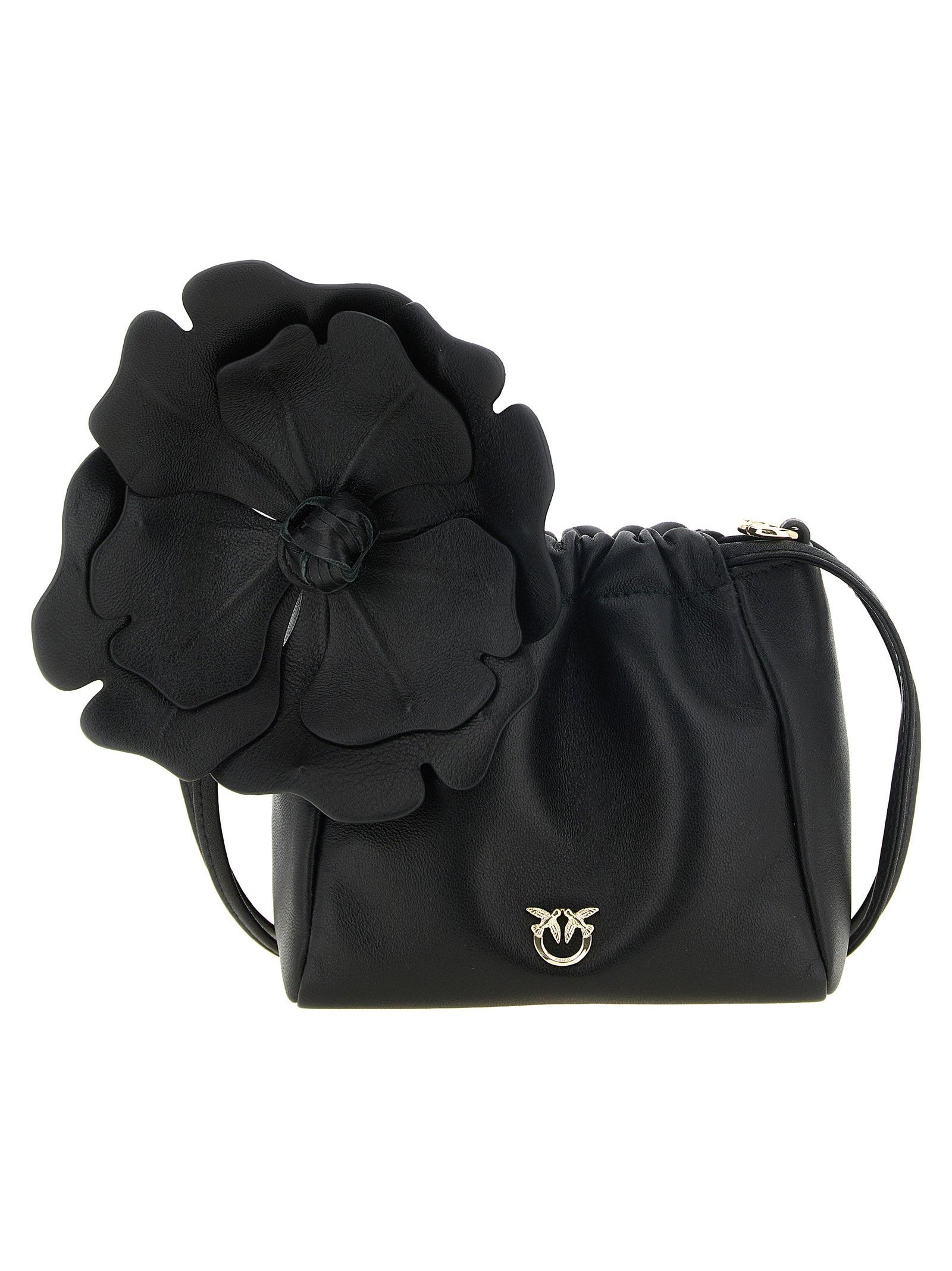 Pinko Flower Nappa Leather Shoulder Bag — Black by Pinko