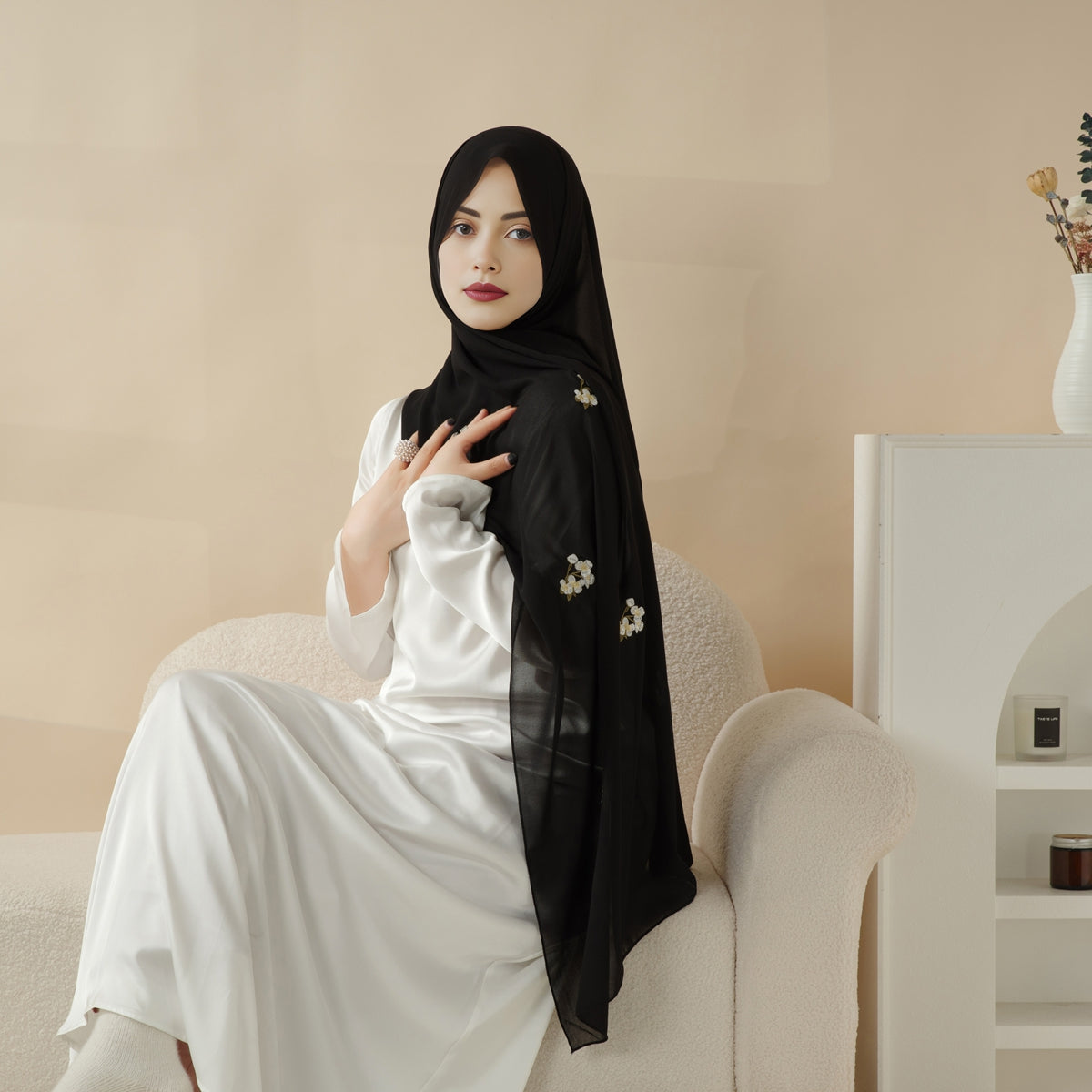 Plain Chiffon Shawl Hijab With Embroidery, Extra-Fine Embroidered Hijab (MH077) by Mariam's Collection