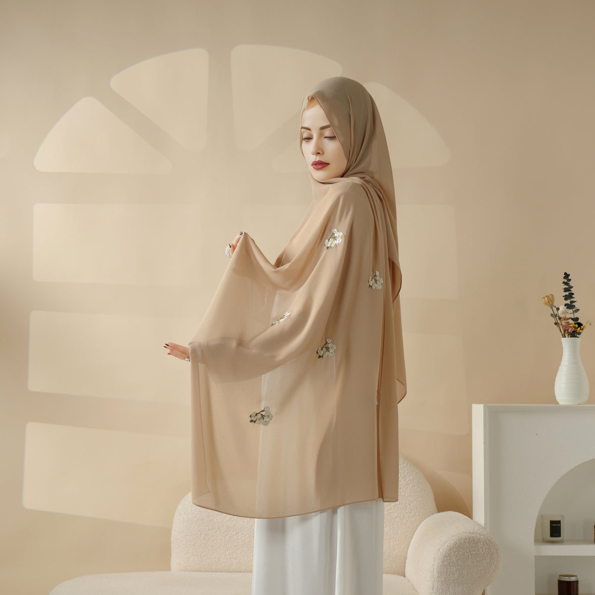 Plain Chiffon Shawl Hijab With Embroidery, Extra-Fine Embroidered Hijab (MH077), view 2