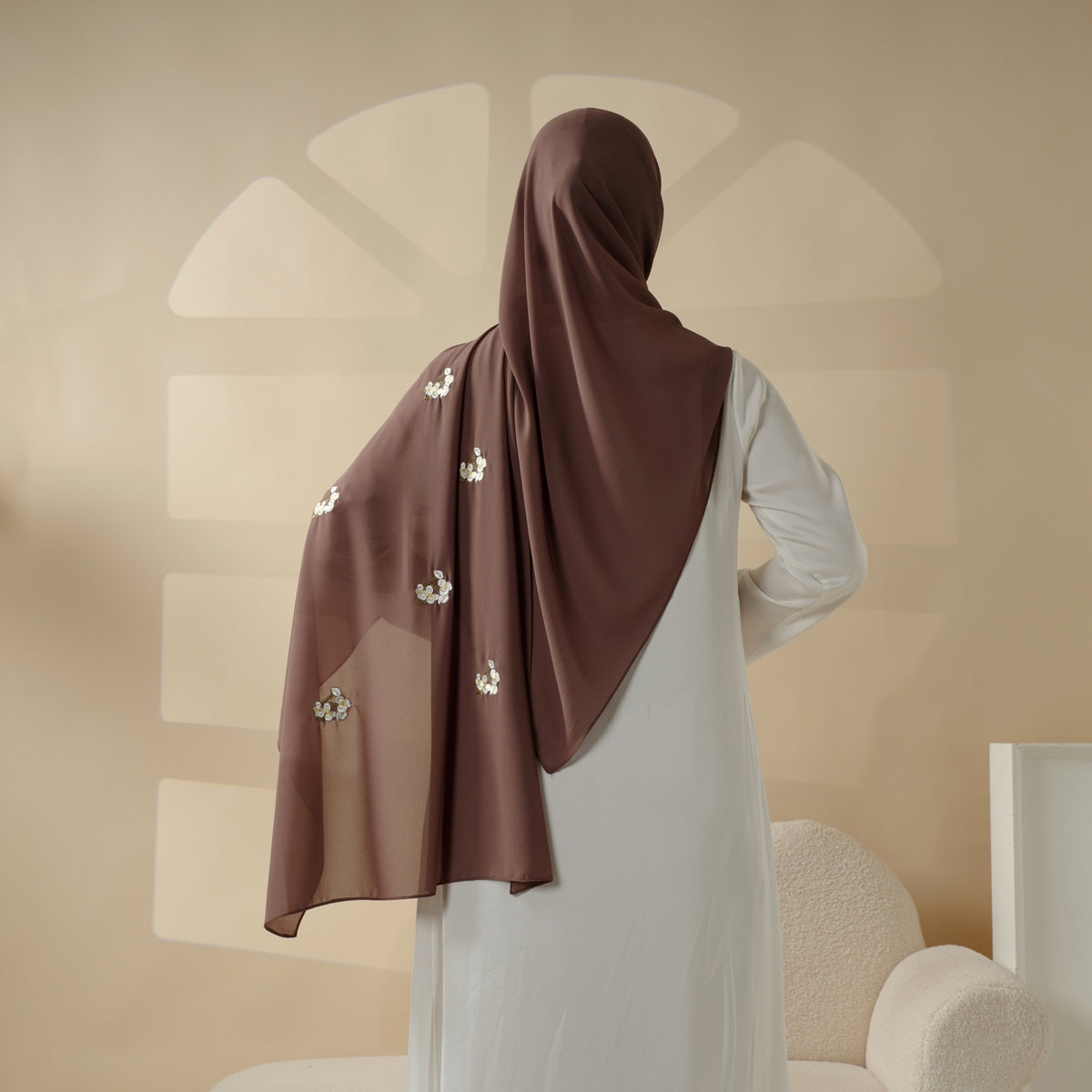 Plain Chiffon Shawl Hijab With Embroidery, Extra-Fine Embroidered Hijab (MH077), view 3