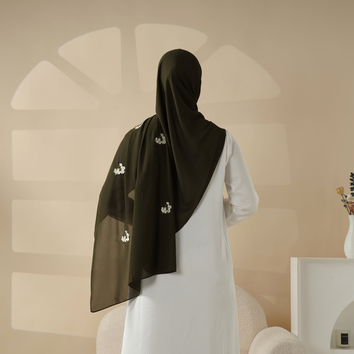 Plain Chiffon Shawl Hijab With Embroidery, Extra-Fine Embroidered Hijab (MH077), view 4