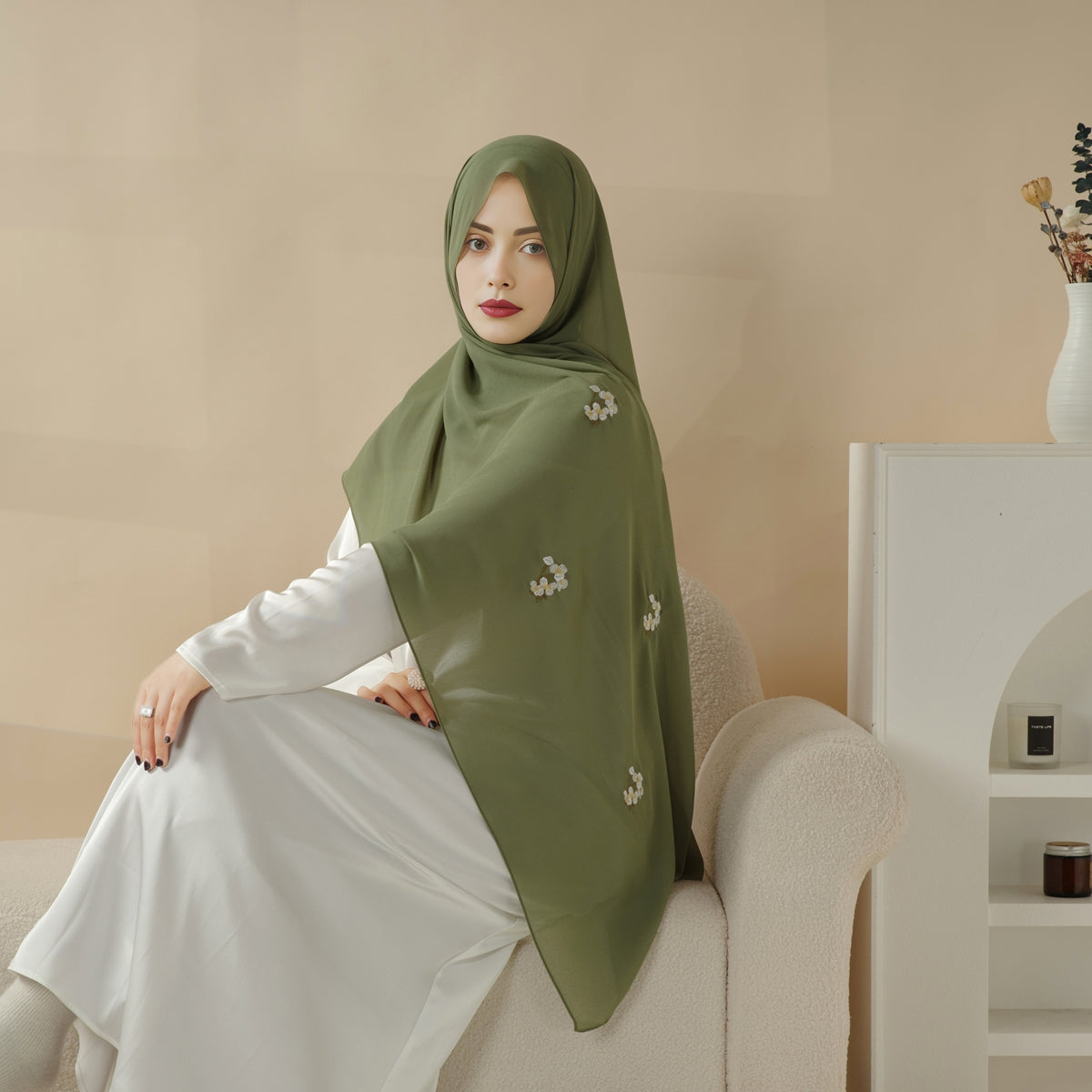 Plain Chiffon Shawl Hijab With Embroidery, Extra-Fine Embroidered Hijab (MH077), view 5
