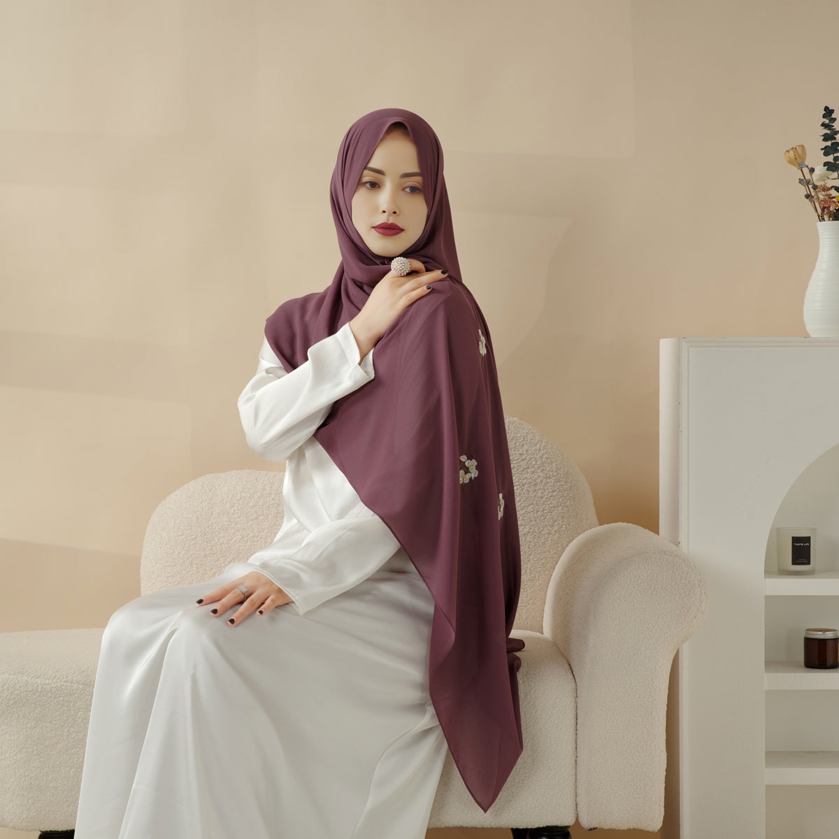 Plain Chiffon Shawl Hijab With Embroidery, Extra-Fine Embroidered Hijab (MH077), view 6