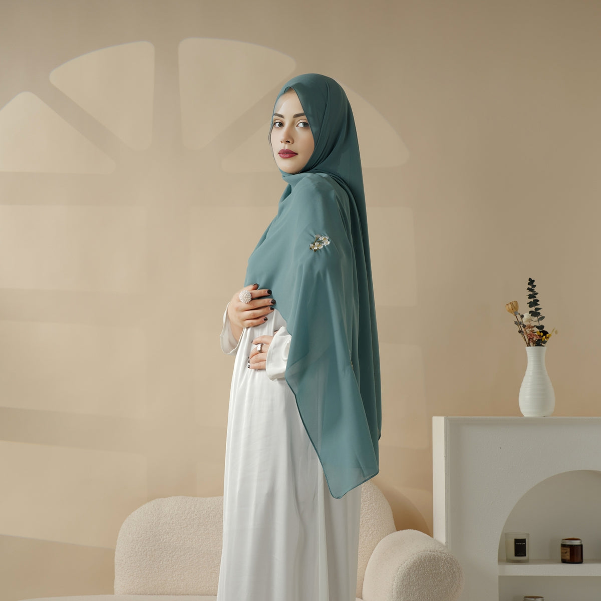 Plain Chiffon Shawl Hijab With Embroidery, Extra-Fine Embroidered Hijab (MH077), view 8
