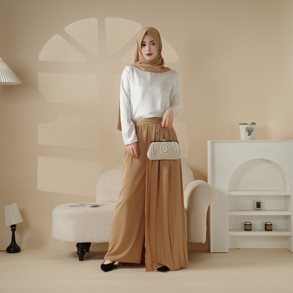 Pleated Overskirt, Wide-Cut Pants & Matching Hijab Set (MS025) by Mariam's Collection