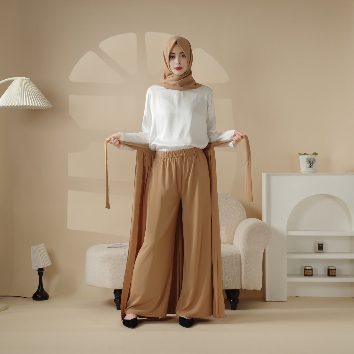 Pleated Overskirt, Wide-Cut Pants & Matching Hijab Set (MS025), view 2
