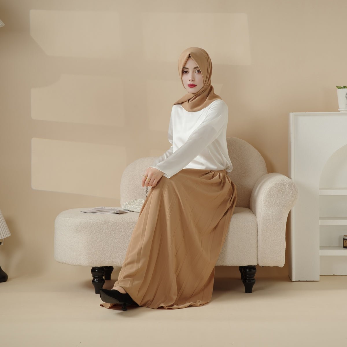 Pleated Overskirt, Wide-Cut Pants & Matching Hijab Set (MS025), view 5