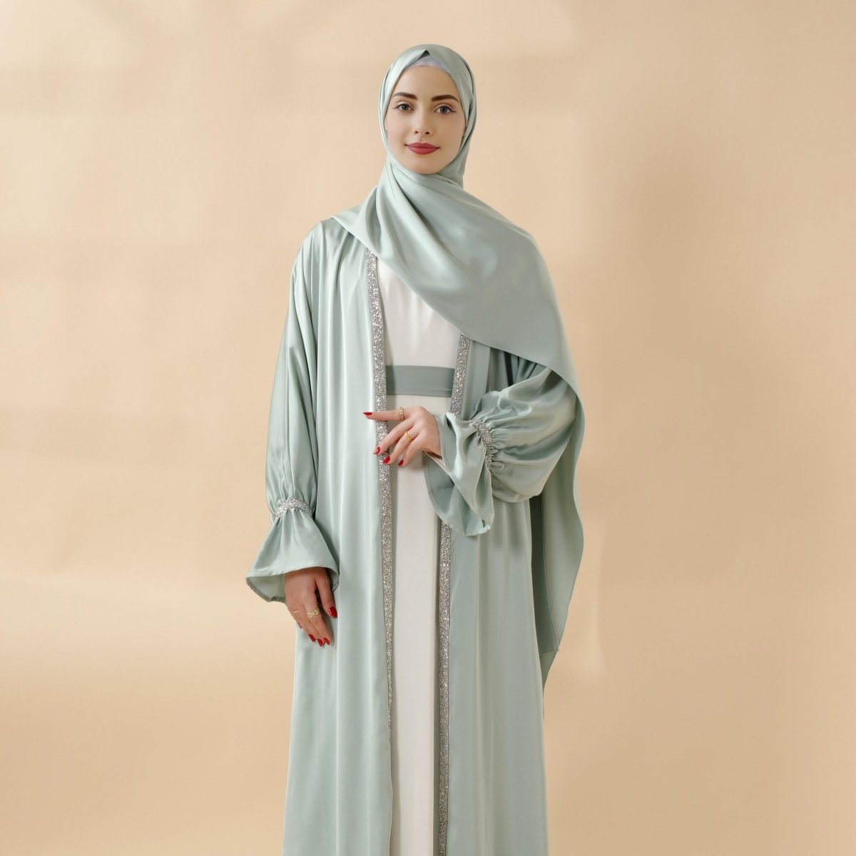 Poet Sleeve Satin Open Abaya With Matching Belt and Hijab (MOA009), view 2