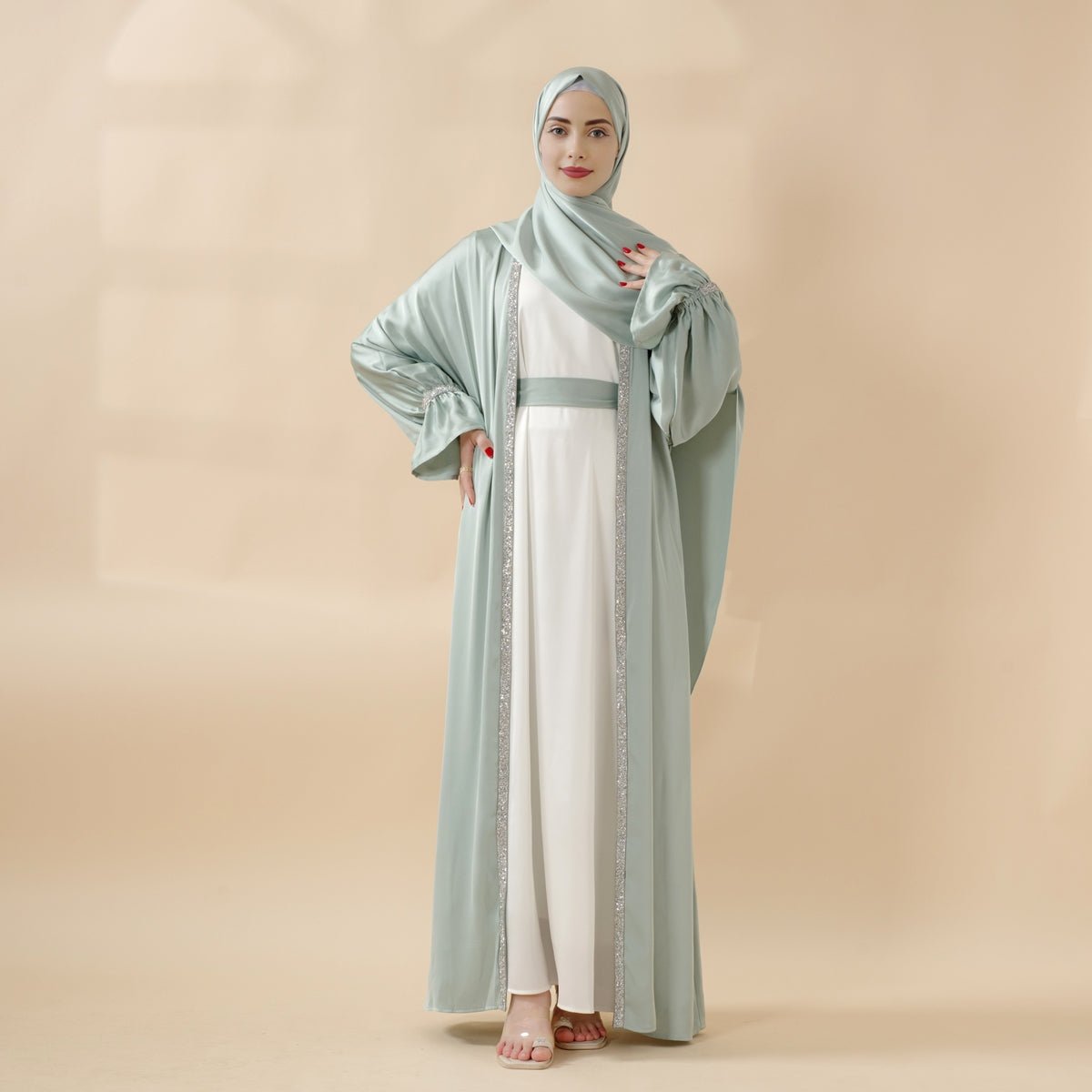 Poet Sleeve Satin Open Abaya With Matching Belt and Hijab (MOA009), view 3