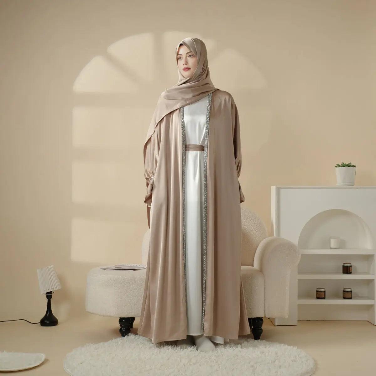 Poet Sleeve Satin Open Abaya With Matching Belt and Hijab (MOA009), view 4
