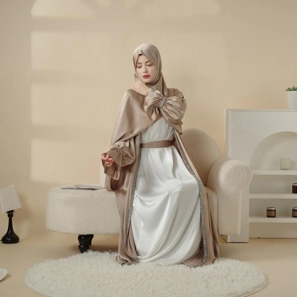 Poet Sleeve Satin Open Abaya With Matching Belt and Hijab (MOA009), view 5