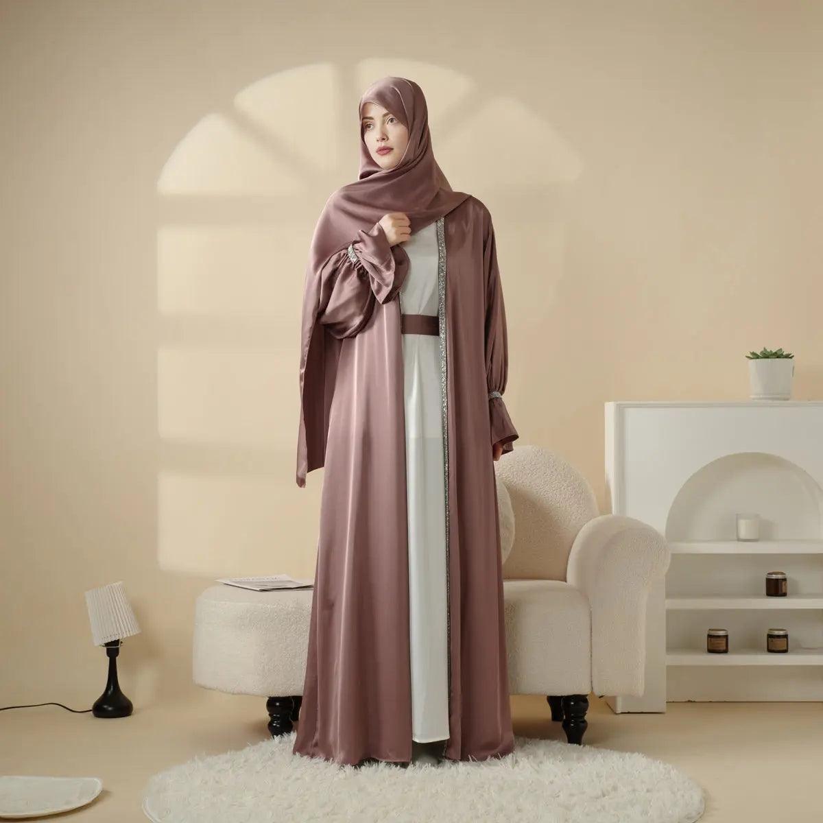 Poet Sleeve Satin Open Abaya With Matching Belt and Hijab (MOA009), view 6