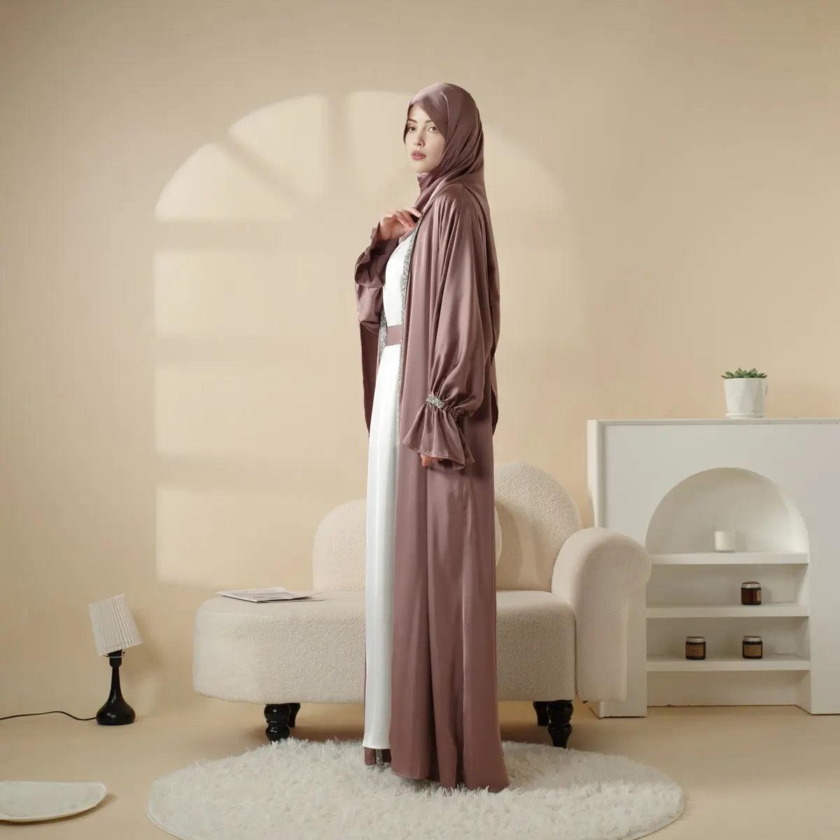 Poet Sleeve Satin Open Abaya With Matching Belt and Hijab (MOA009), view 7