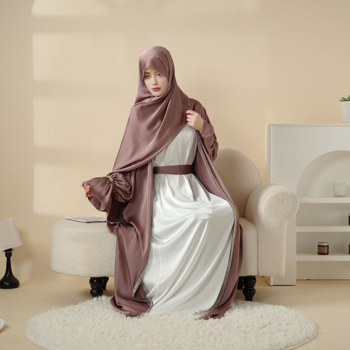 Poet Sleeve Satin Open Abaya With Matching Belt and Hijab (MOA009), view 8