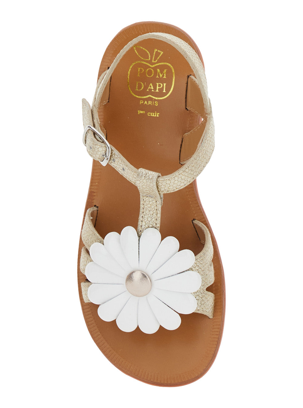 Pom D'Api Metallic Leather with Daisy Appliqué Sandal — Beige, view 4