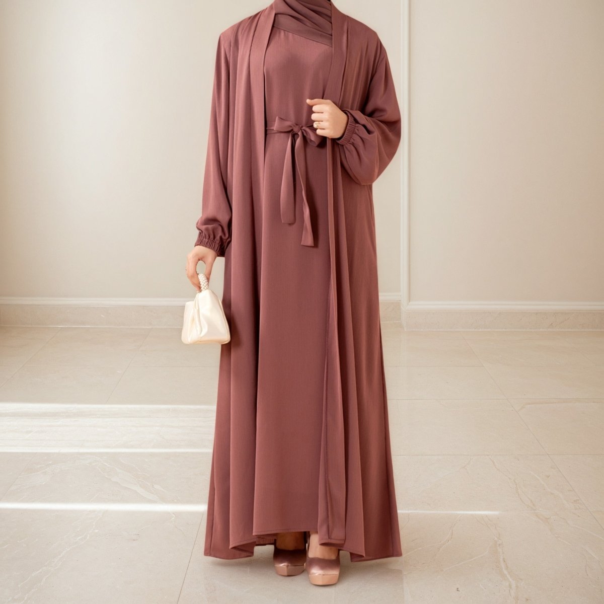 Premium Nida Zoom Open Abaya 3-Piece Set (MOA239), view 4