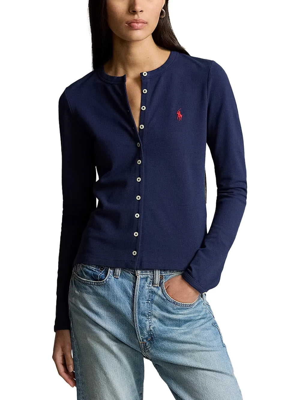 Ralph Lauren Mesh Cotton Cardigan — Navy, view 3