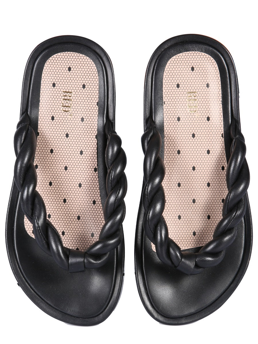 Red Valentino Leather with Woven Detail Slide Sandals — Black, view 3