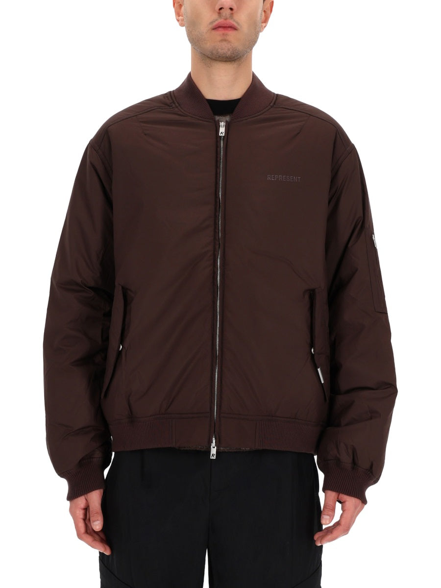 Represent Boxy Polyester Bomber Jacket — Brown, view 2