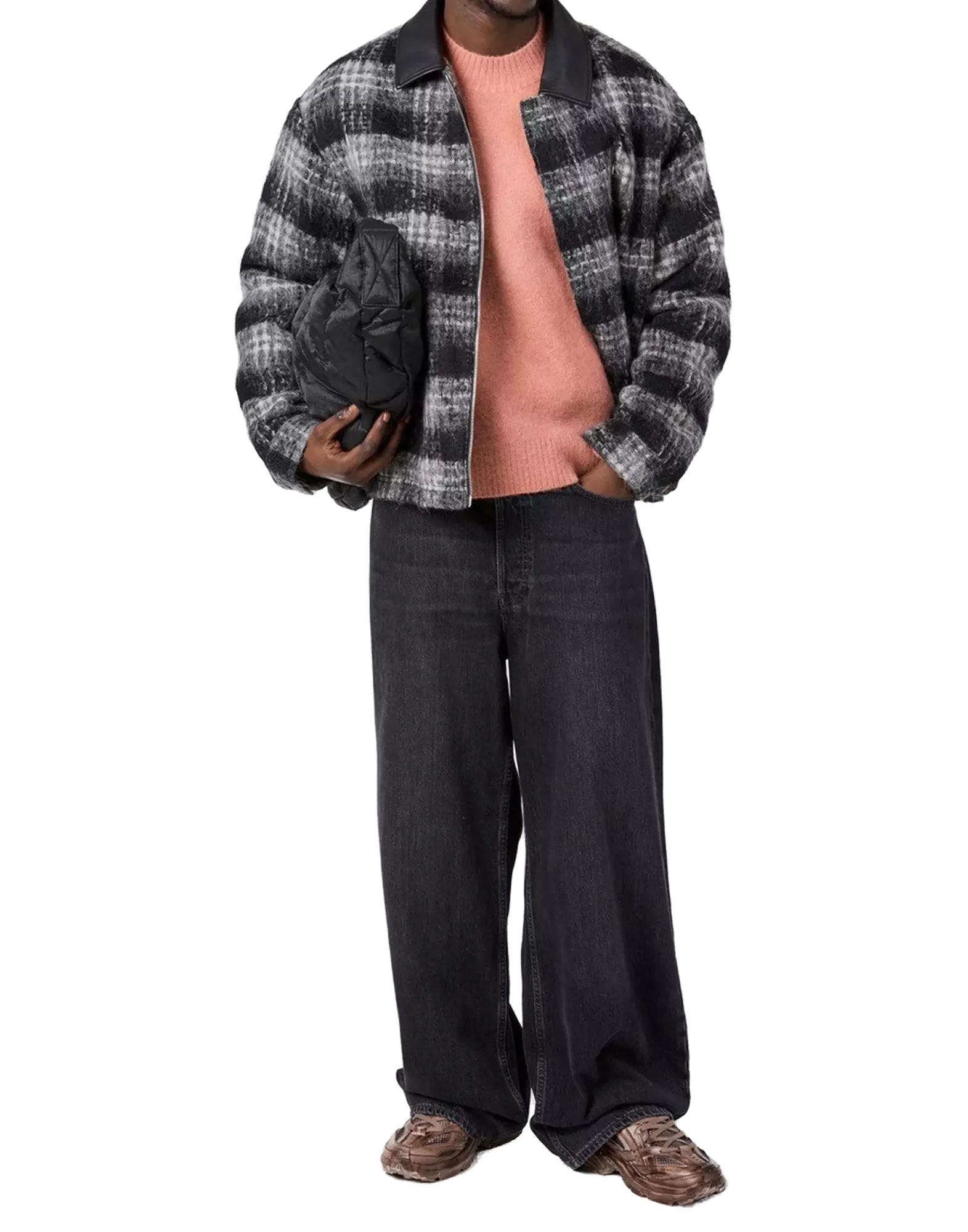 Represent Logo Flannel Check Overshirt Jacket — Black, view 2