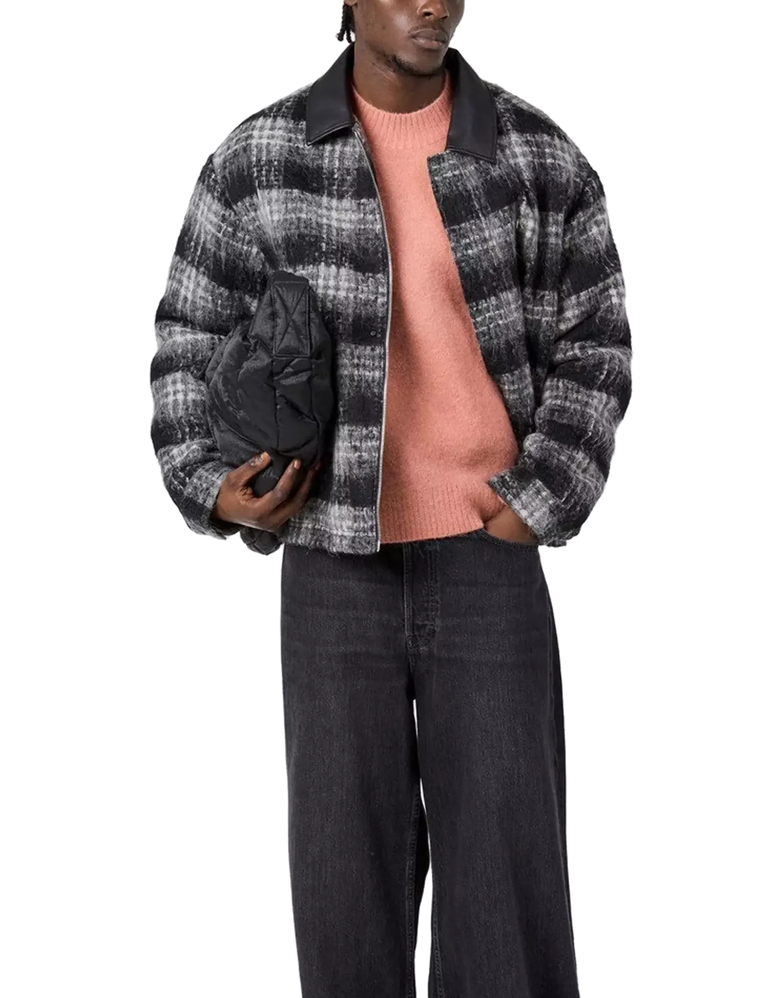 Represent Logo Flannel Check Overshirt Jacket — Black, view 3