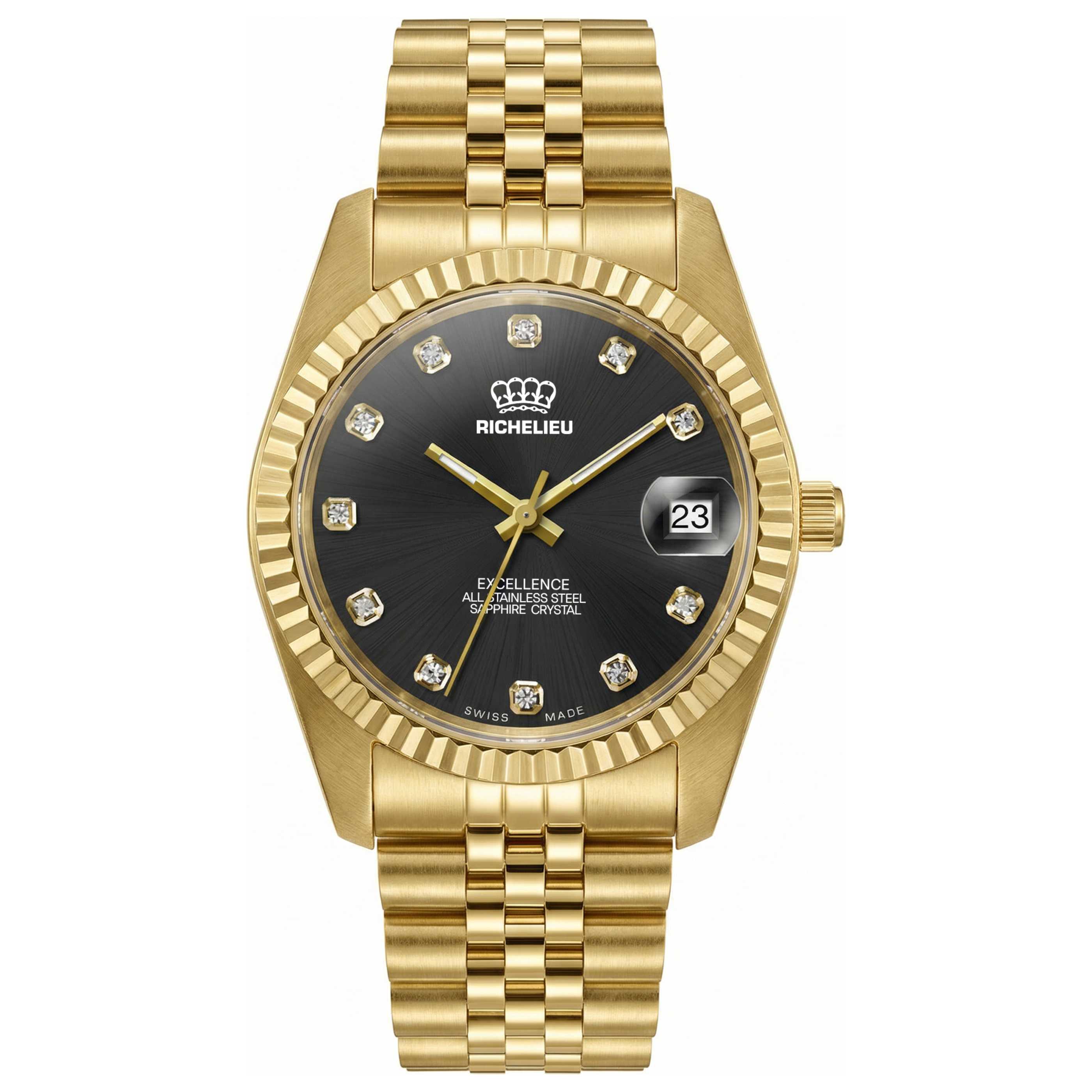 Richelieu Gold Quartz with Diamond Indices Watch — Gold by Richelieu