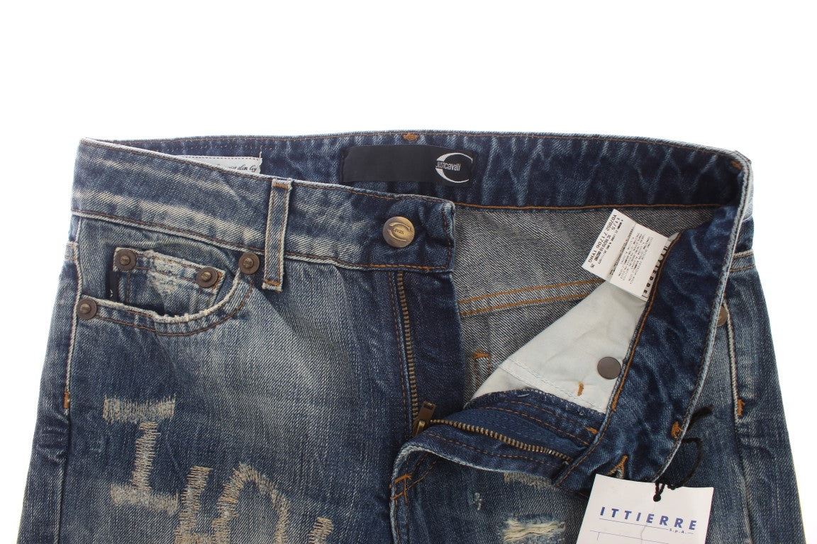 Roberto Cavalli Distressed Straight-Fit Jeans — Blue, view 3