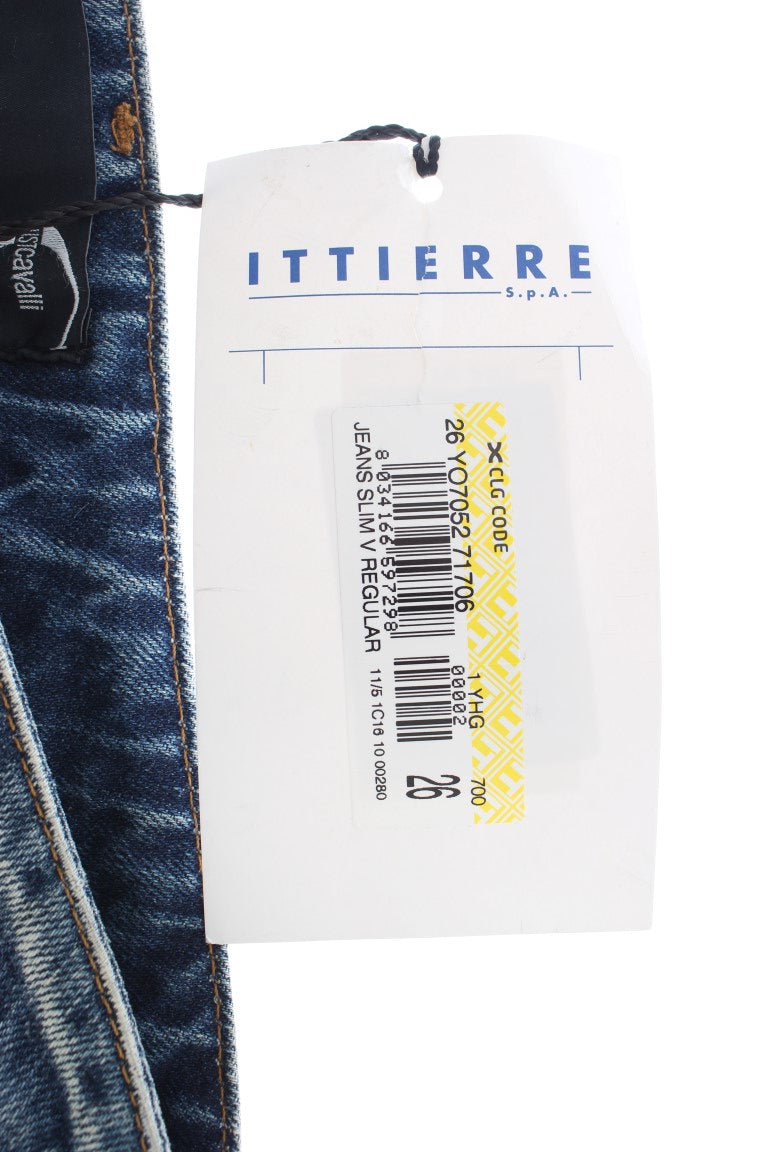 Roberto Cavalli Distressed Straight-Fit Jeans — Blue, view 7