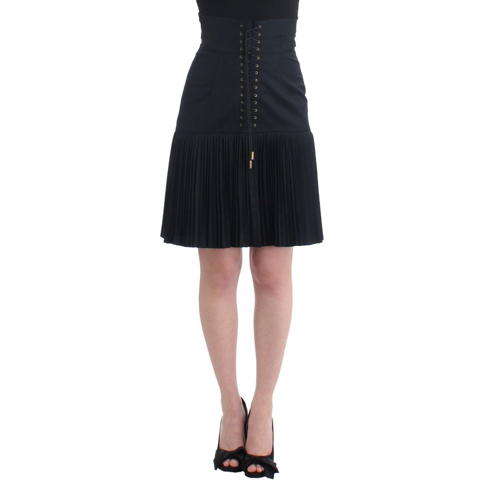 Roberto Cavalli Lace-Up Pleated Wool Skirt — Black by Roberto Cavalli