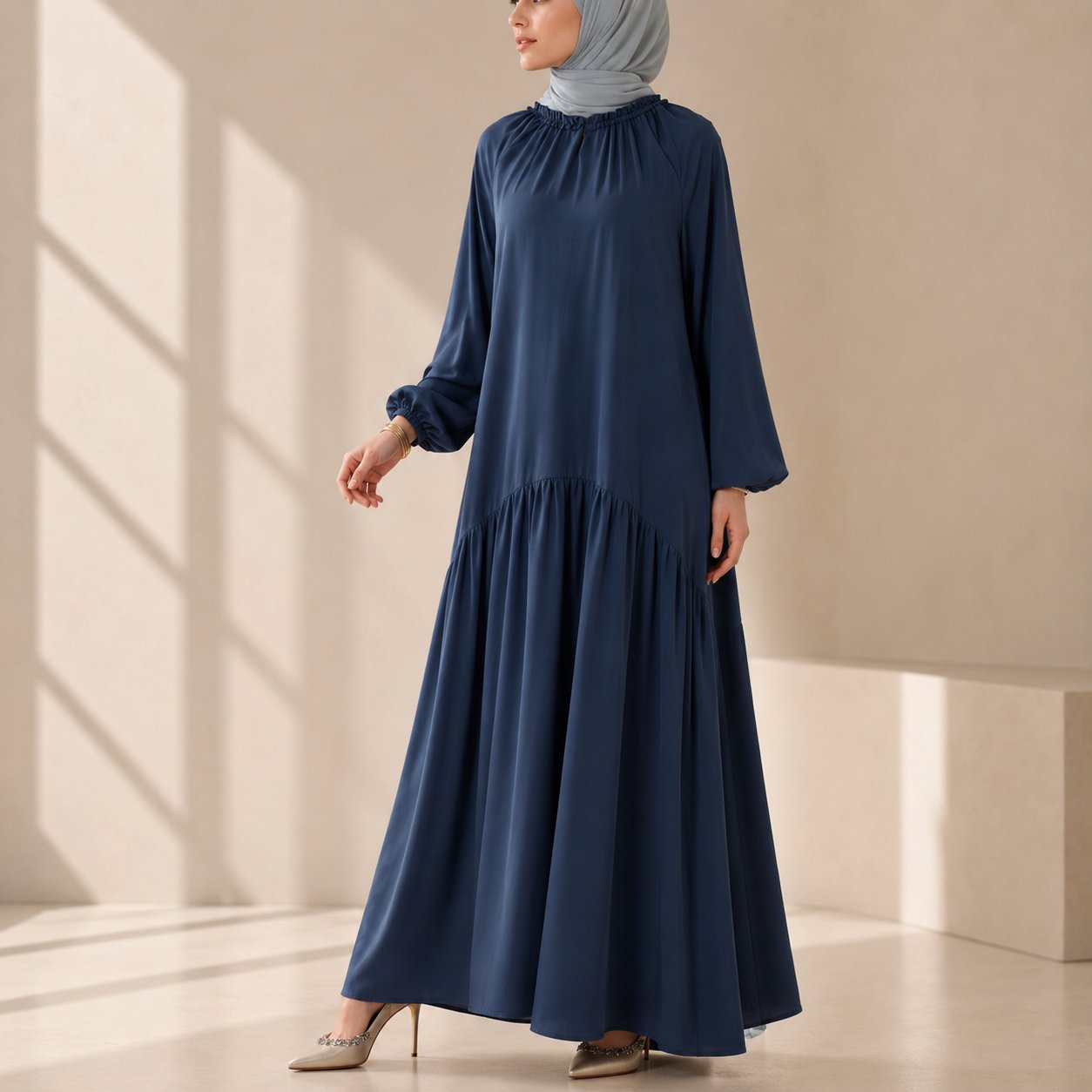 Ruffle Trim Pleated Relaxed Maxi Dress with Waist Tie(MA424) by Mariam's Collection