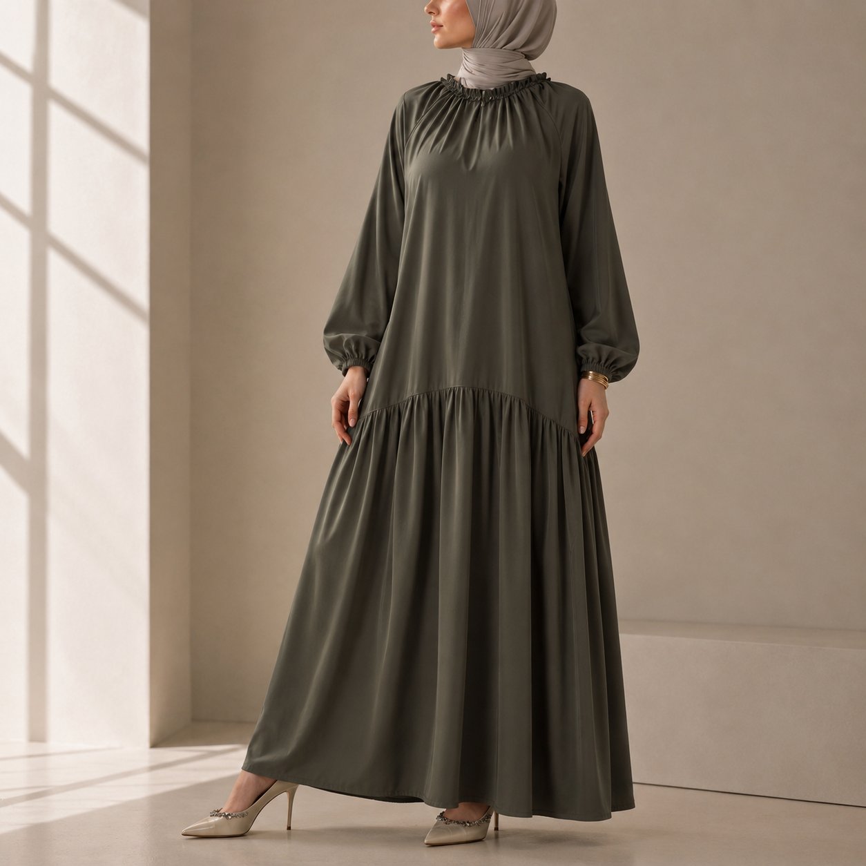 Ruffle Trim Pleated Relaxed Maxi Dress with Waist Tie(MA424), view 2