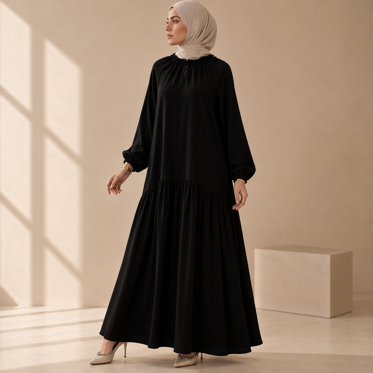 Ruffle Trim Pleated Relaxed Maxi Dress with Waist Tie(MA424), view 3
