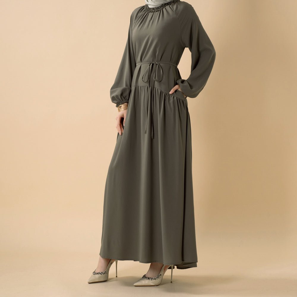 Ruffle Trim Pleated Relaxed Maxi Dress with Waist Tie(MA424), view 5