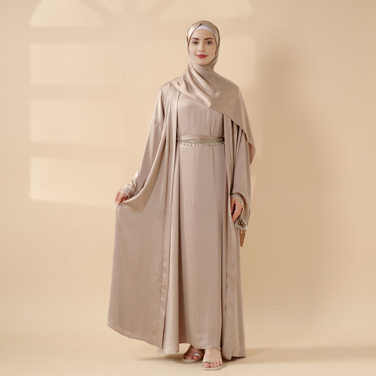 Satin Abaya With Matching Belt Made Of Diamond Tassel (MOA010) by Mariam's Collection