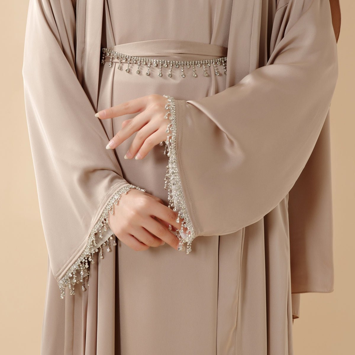 Satin Abaya With Matching Belt Made Of Diamond Tassel (MOA010), view 4