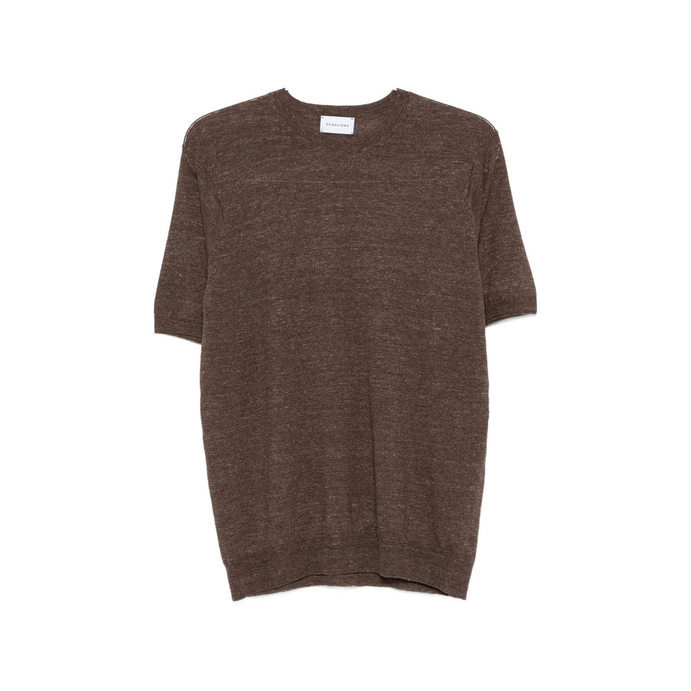 Scaglione Crew Neck Cotton-Linen T-Shirt — Brown by Scaglione