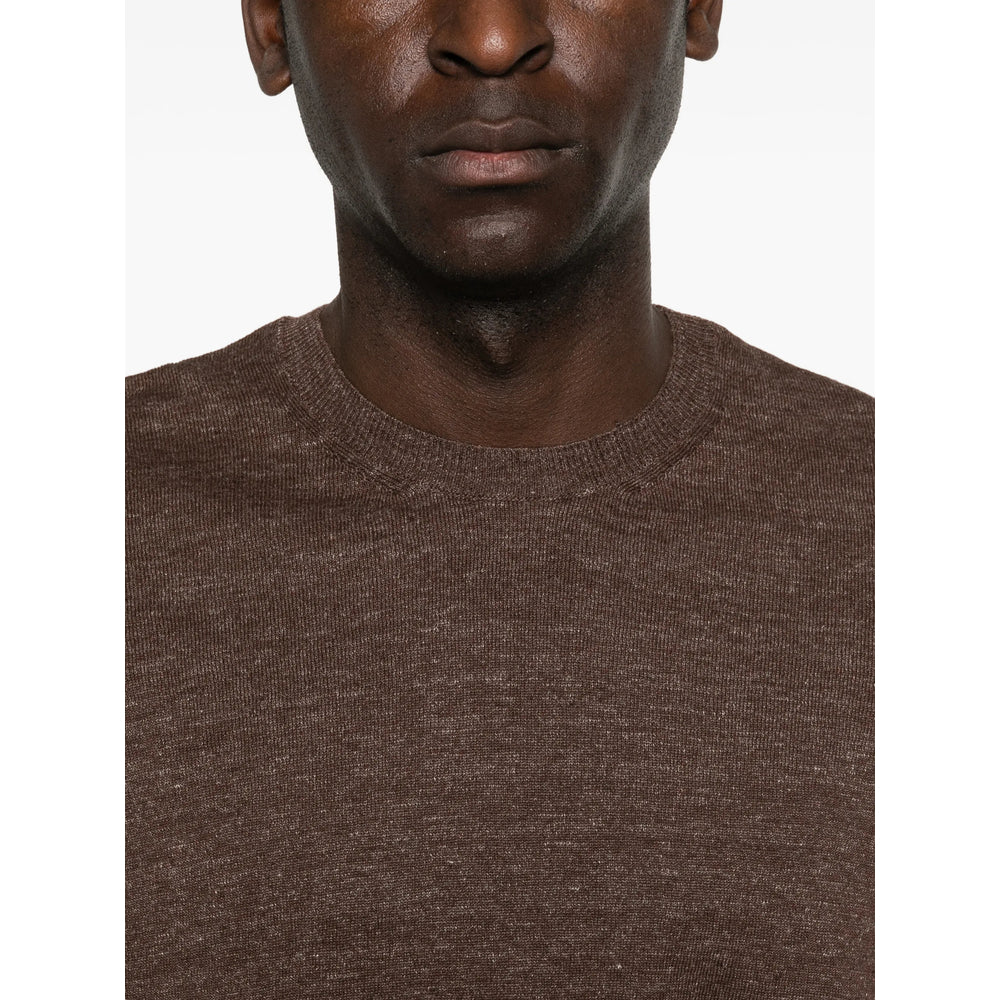 Scaglione Crew Neck Cotton-Linen T-Shirt — Brown, view 2